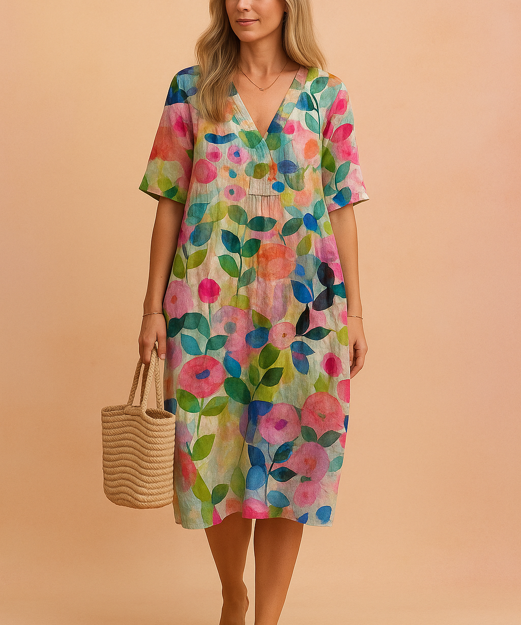 Robe Longue Femme Élégante Col en V Motif Floral Tissu Léger 0