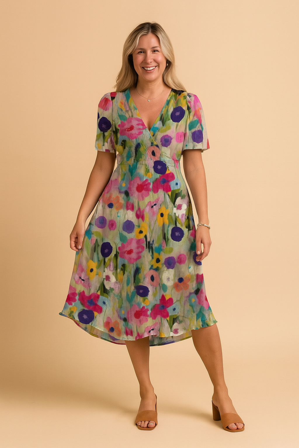 Robe Midi Femme Chic Aérienne Imprimé Floral Tissu Léger 1