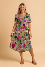 Robe Midi Femme Chic Aérienne Imprimé Floral Tissu Léger 1