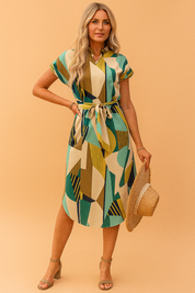 Robe Midi Femme Élégante Col en V Doux Tissu Abstrait 0