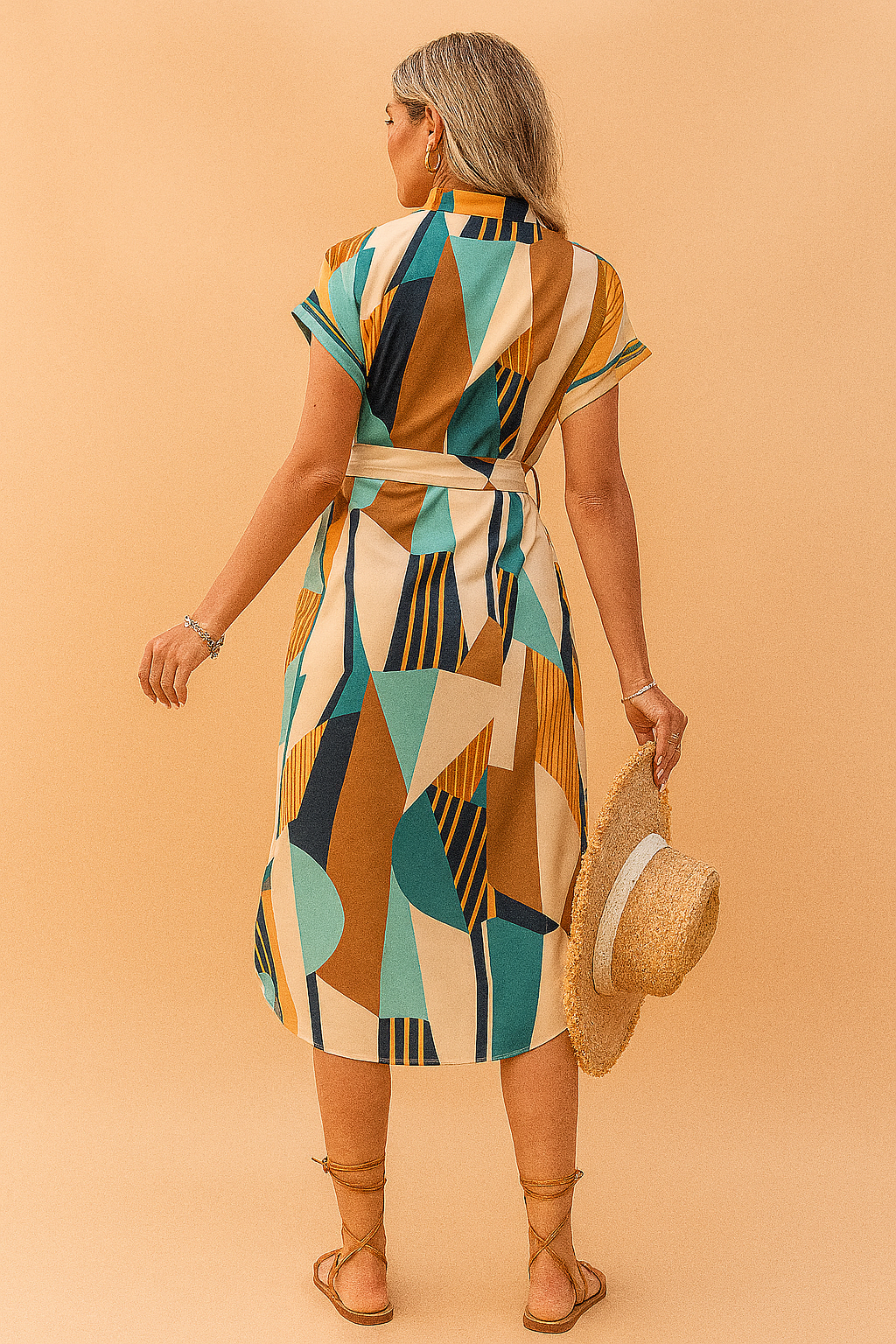 Robe Midi Femme Élégante Col en V Doux Tissu Abstrait 1