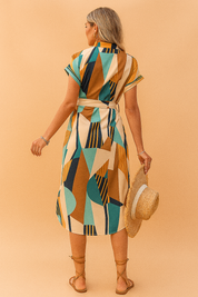 Robe Midi Femme Élégante Col en V Doux Tissu Abstrait 1