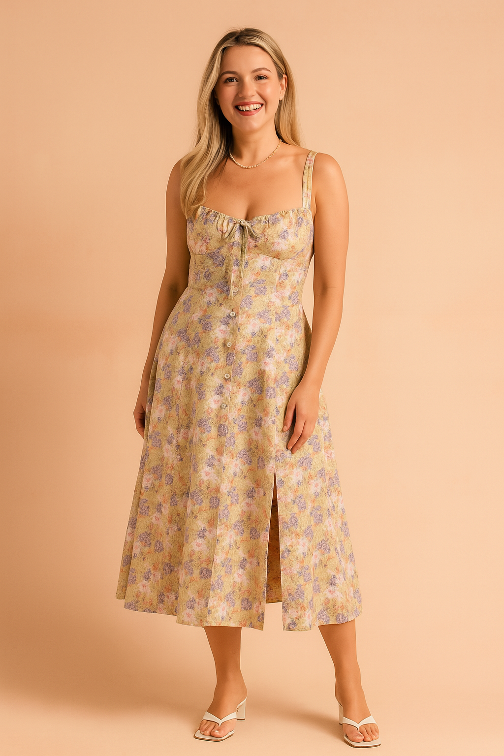 Robe Midi Fleurie Élégante Femme avec Fente et Volants 0
