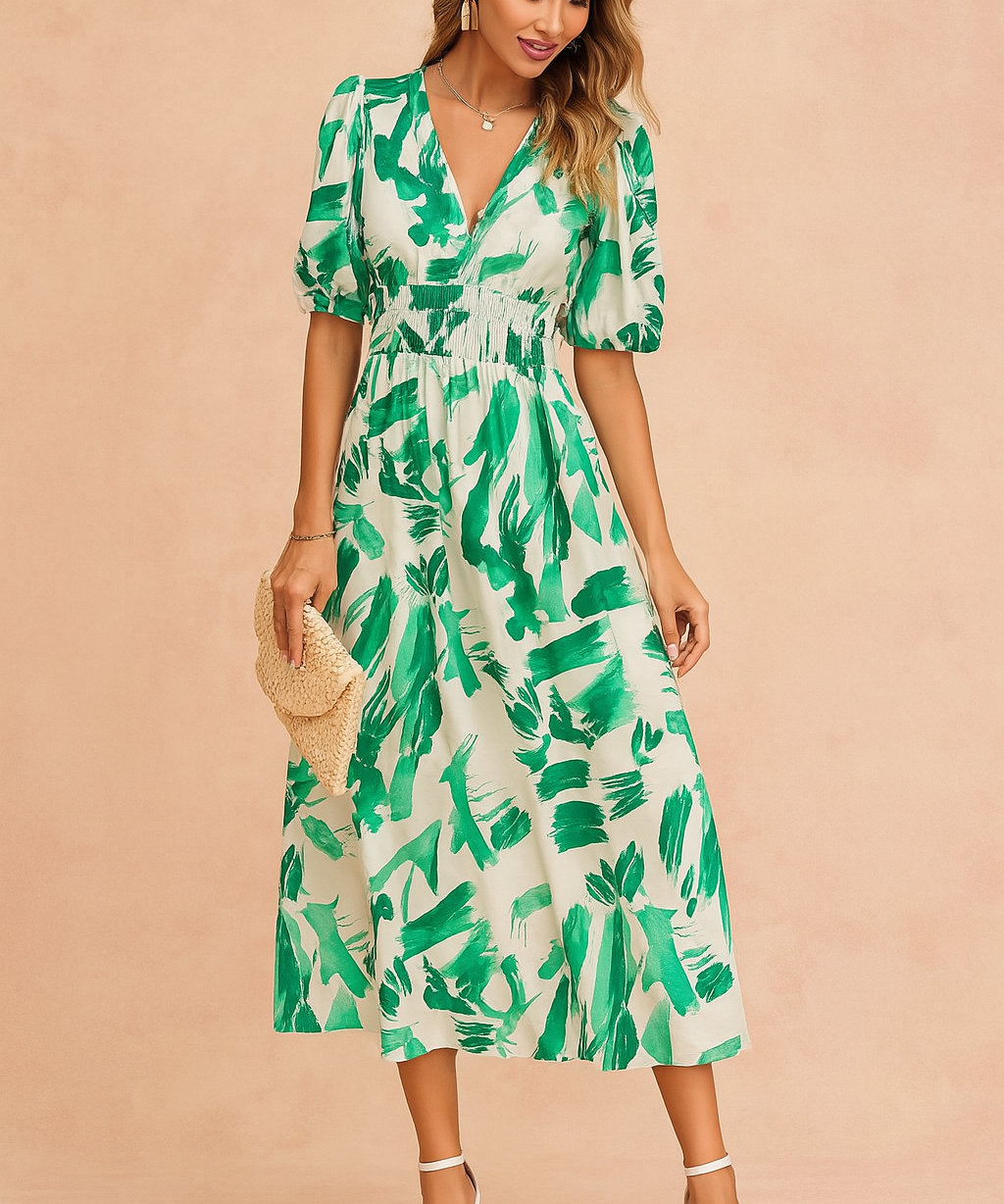 Robe Midi d'Été Femme Élégante en Tissu Floral 0