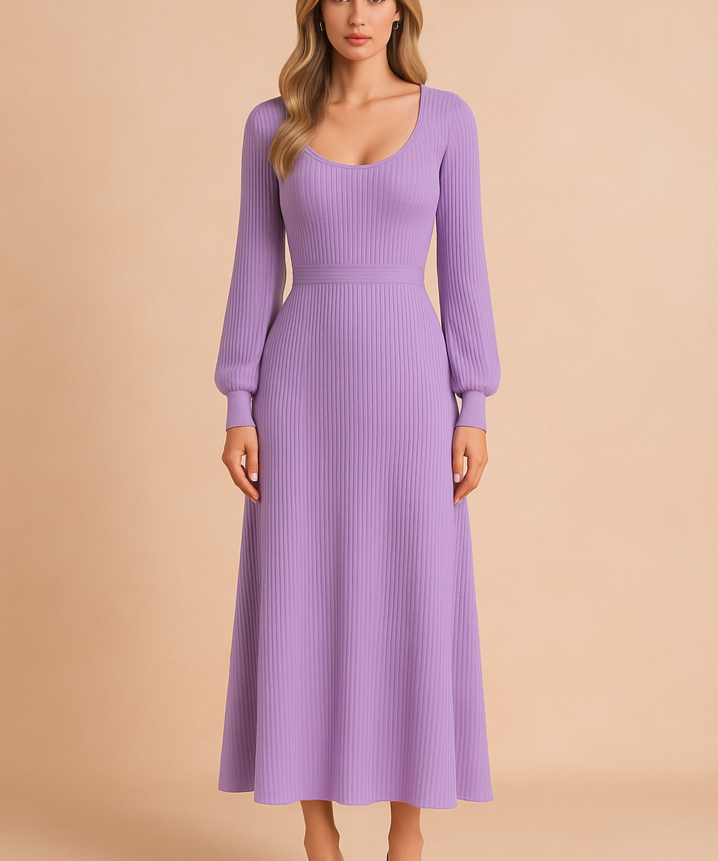 Robe Pull Longue Femme Élégante à Manches Bouffantes en Tricot 0