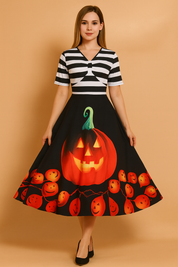 Robe d'Halloween pour femme | Costume rétro citrouille-lanterne 0