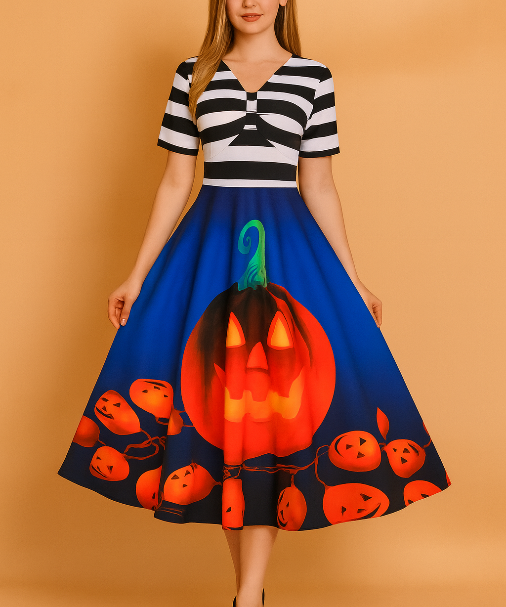 Robe d'Halloween pour femme | Costume rétro citrouille-lanterne 1