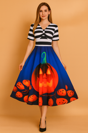Robe d'Halloween pour femme | Costume rétro citrouille-lanterne 1
