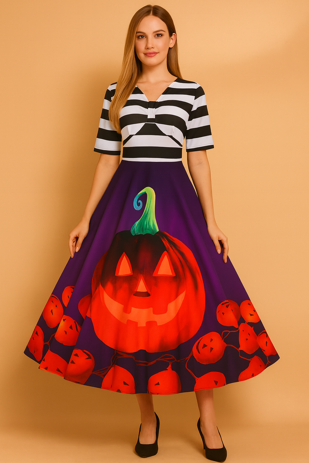 Robe d'Halloween pour femme | Costume rétro citrouille-lanterne 2