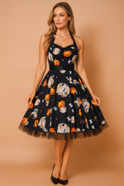 Robe d'Halloween rétro avec imprimé citrouille et personnage d'horreur 0