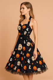 Robe d'Halloween rétro avec imprimé citrouille et personnage d'horreur 1
