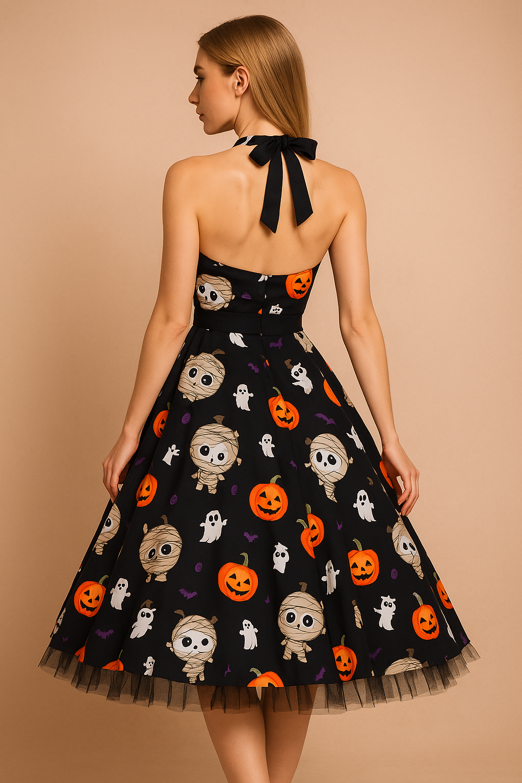 Robe d'Halloween rétro avec imprimé citrouille et personnage d'horreur 2