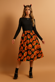 Robe mi-longue à manches longues et imprimé citrouille d'Halloween 0