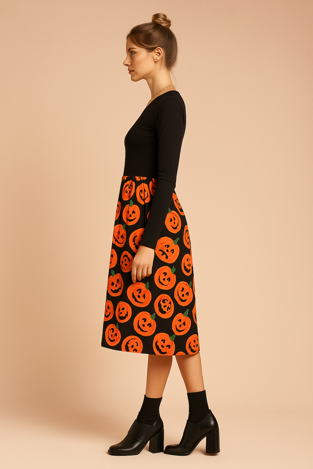 Robe mi-longue à manches longues et imprimé citrouille d'Halloween 1