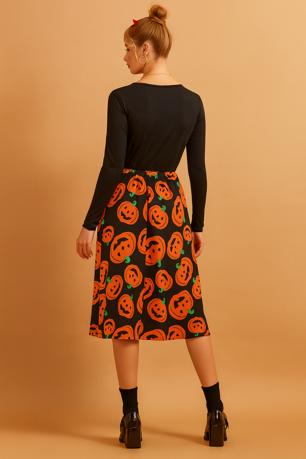 Robe mi-longue à manches longues et imprimé citrouille d'Halloween 2
