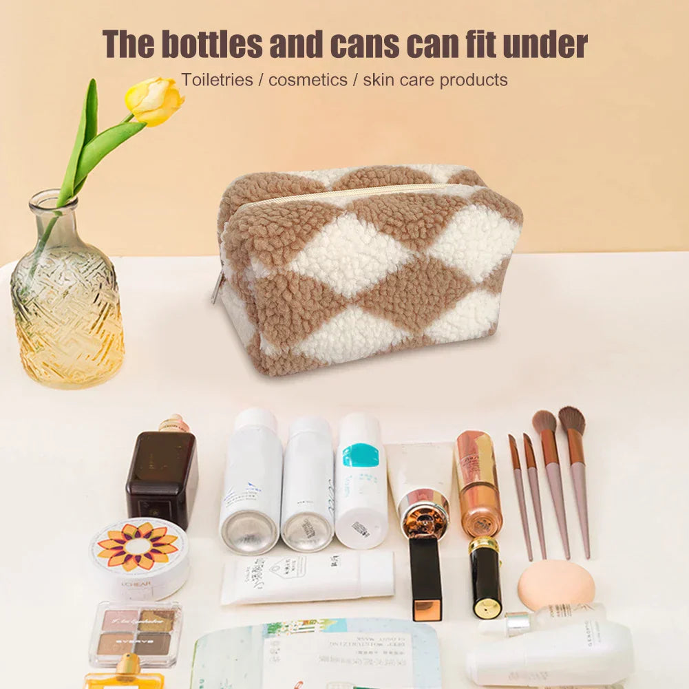 Jazmine | Trousse de Maquillage Douce en Velours à Carreaux