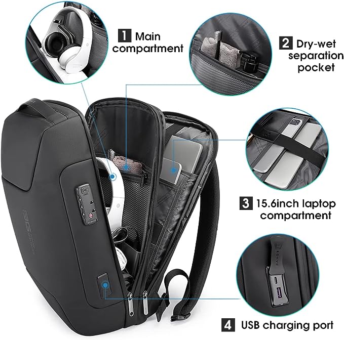 Sac à dos antivol BANGE avec port de chargement USB, sac à dos professionnel léger pour hommes et femmes 2