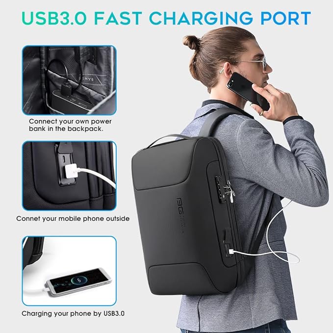 Sac à dos antivol BANGE avec port de chargement USB, sac à dos professionnel léger pour hommes et femmes 4