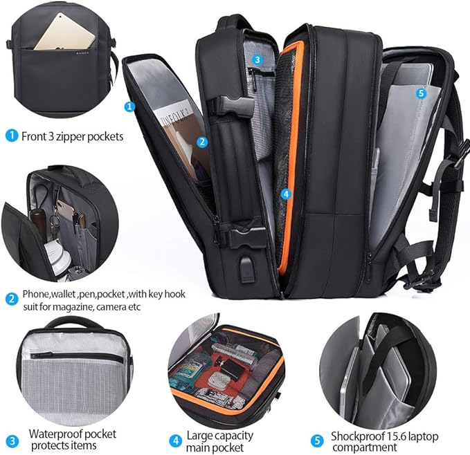 Sac à dos de voyage BANGE Weekender, sac à dos de voyage extensible de 45 L pour avions, sac à dos convertible pour voyage, sac à dos pour ordinateur portable 17,3 pouces résistant à l'eau pour hommes et femmes… 1