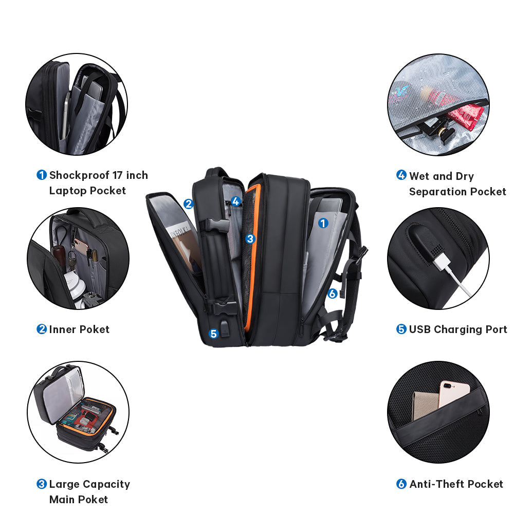 Sac à dos de voyage d'affaires BANGE 45 L, sac à dos de bagage à main, sac de voyage convertible durable, compatible avec ordinateur portable 17,3 pouces, pour hommes et femmes 1
