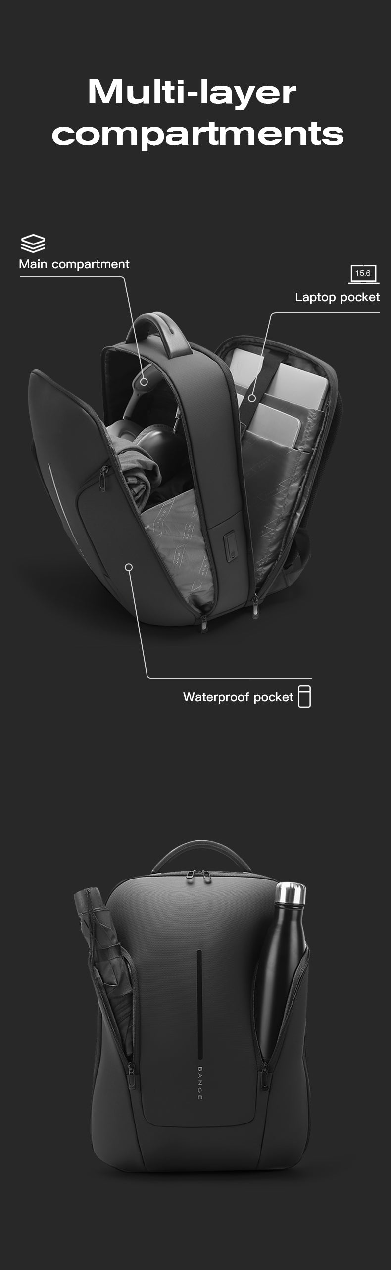 Sac à dos élégant et étanche pour ordinateur portable BANGE, pour les déplacements urbains, avec port USB et ordinateur portable de 15,6 pouces 6
