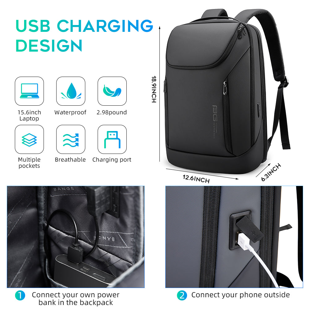 Sac à dos étanche BANGE Business pour ordinateur portable 15,6 pouces avec chargement USB 3