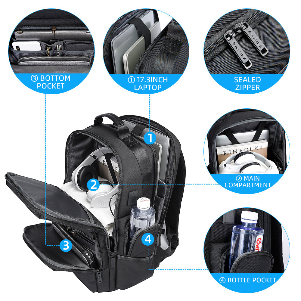 Sac à dos pour ordinateur portable BANGE pour homme, sac à dos de voyage d'affaires avec port de chargement USB, sac à dos de week-end 1