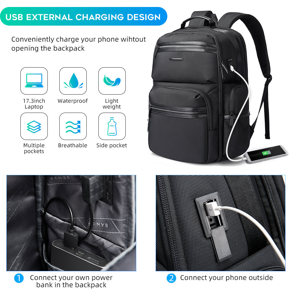 Sac à dos pour ordinateur portable BANGE pour homme, sac à dos de voyage d'affaires avec port de chargement USB, sac à dos de week-end 4