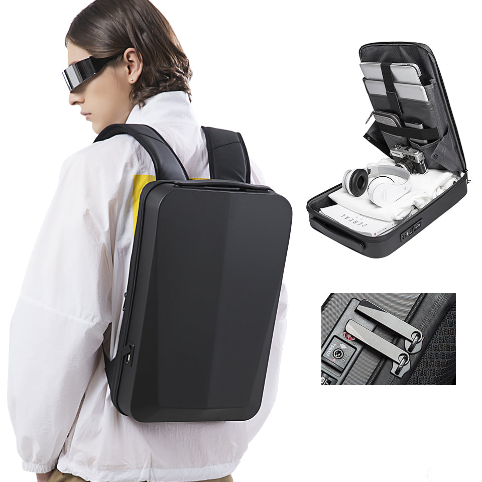 Sac à dos professionnel antivol BANGE Tech à coque rigide avec serrure TSA et port de chargement USB 1