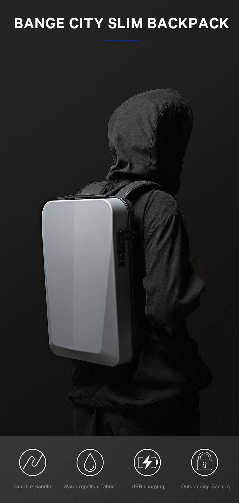 Sac à dos professionnel antivol BANGE Tech à coque rigide avec serrure TSA et port de chargement USB 2
