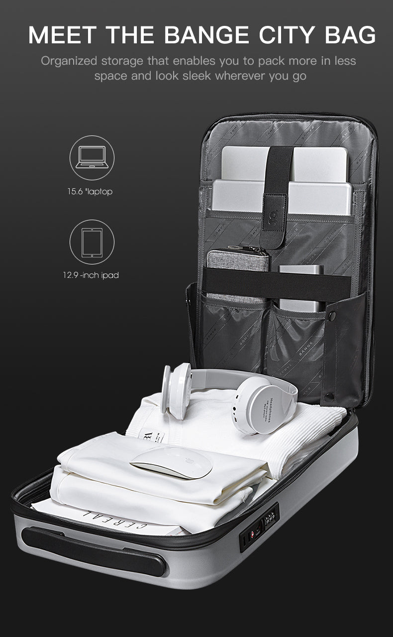 Sac à dos professionnel antivol BANGE Tech à coque rigide avec serrure TSA et port de chargement USB 7