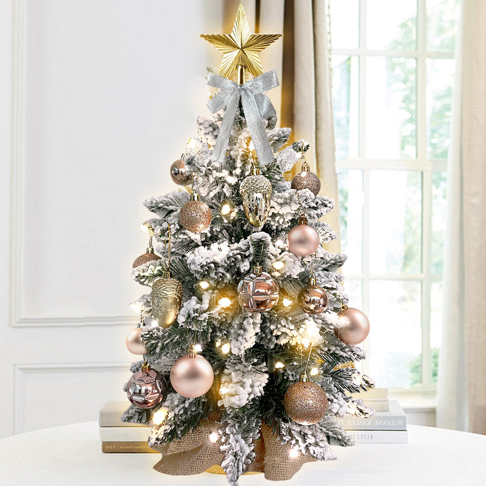 Sapin de Noël miniature de 60 cm avec lumières, décoration artificielle de table avec neige floquée, décoration raffinée et boules de Noël pour la maison et le bureau 0