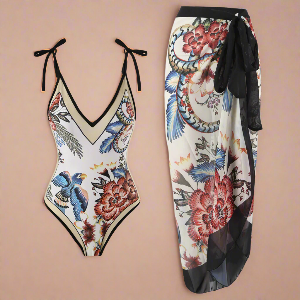 Swimsuit and Cover Up Set - Floral Two Piece Beach Outfit for Women - Stylish Beach Cover Up Set 1