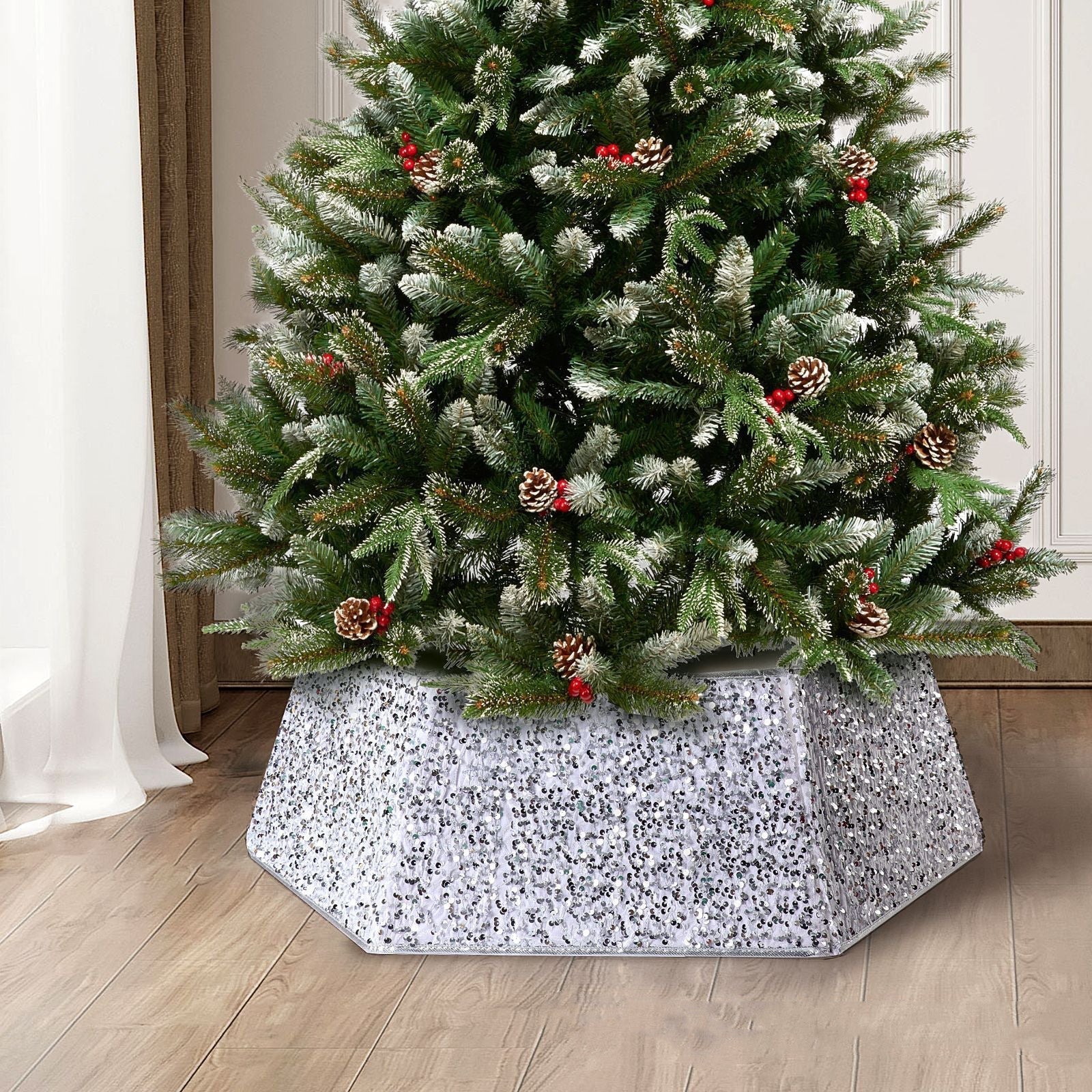 Tablier sapin de Noël à paillettes et base décorative 1