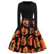Mid-length dress with long sleeves and Halloween pumpkin print