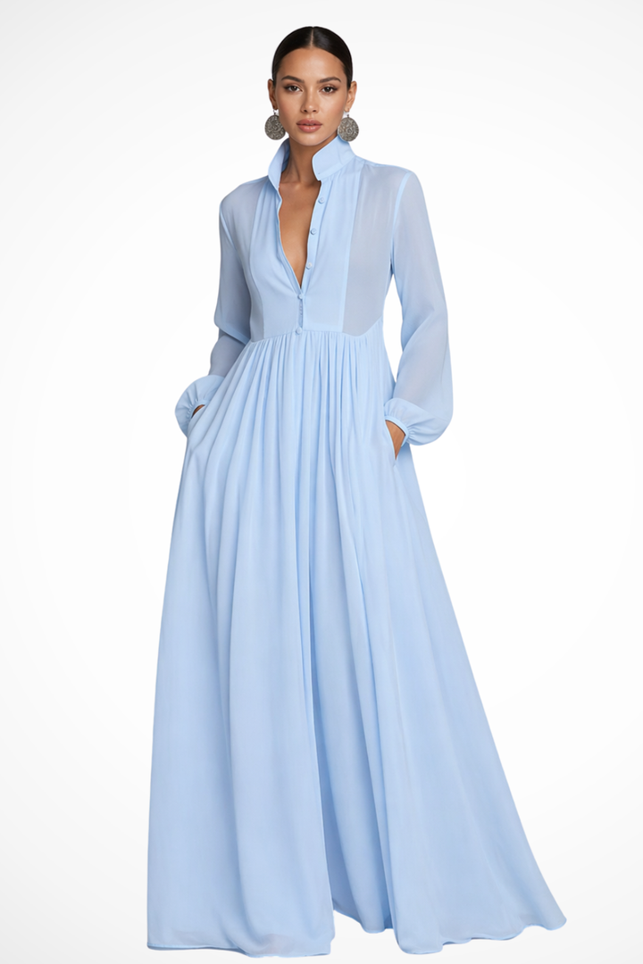 Women Long Sleeve Garden Party Maxi Dress with Pockets 0