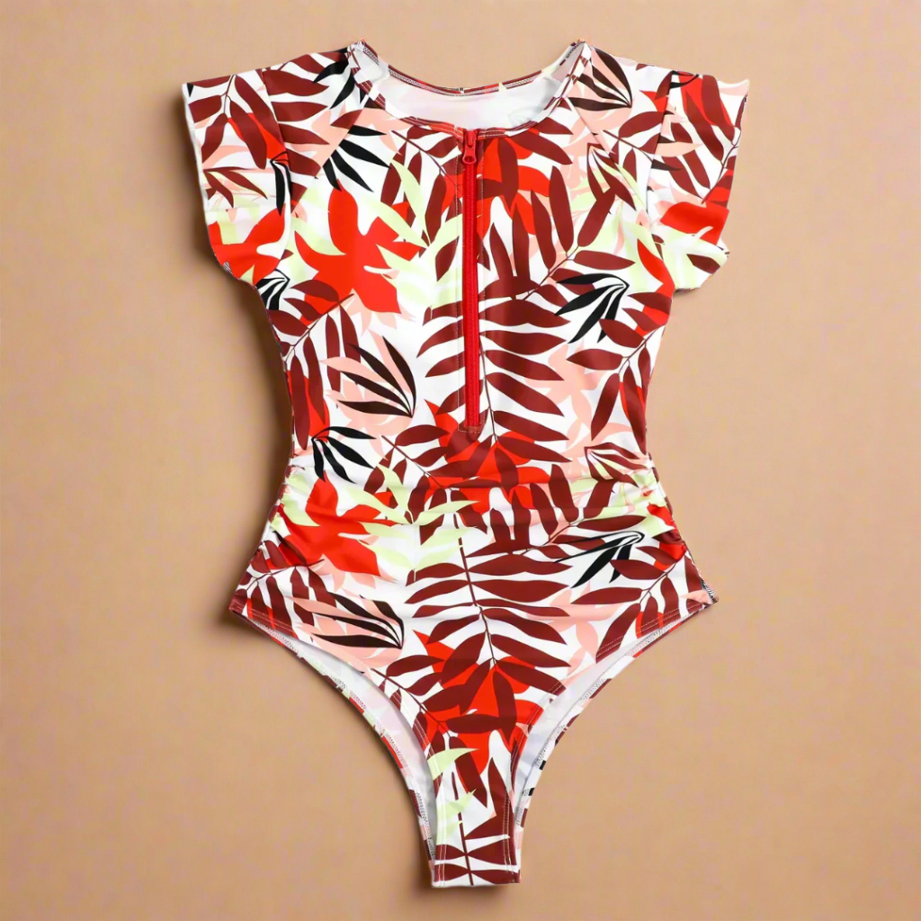 Women's One-Piece Swimsuit with Leafy Print and Adjustable Zipper - Stylish Bathing Suit for Summer Swimwear 4