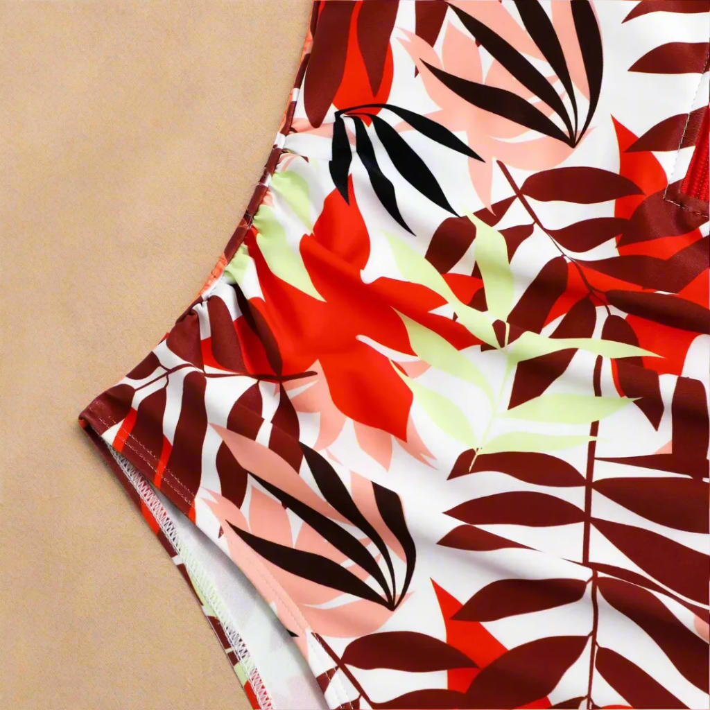 Women's One-Piece Swimsuit with Leafy Print and Adjustable Zipper - Stylish Bathing Suit for Summer Swimwear 5