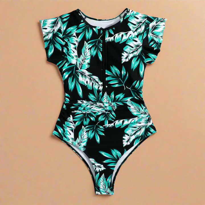 Women's One-Piece Swimsuit with Leafy Print and Adjustable Zipper - Stylish Bathing Suit for Summer Swimwear 7