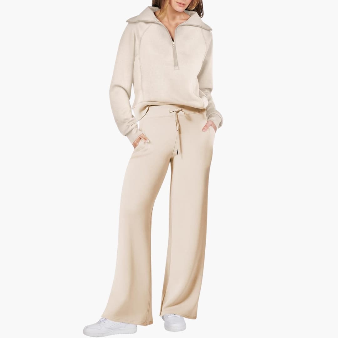 Women's Summer Lounge Set with Half Zip Sweater and Wide Leg Pants 2