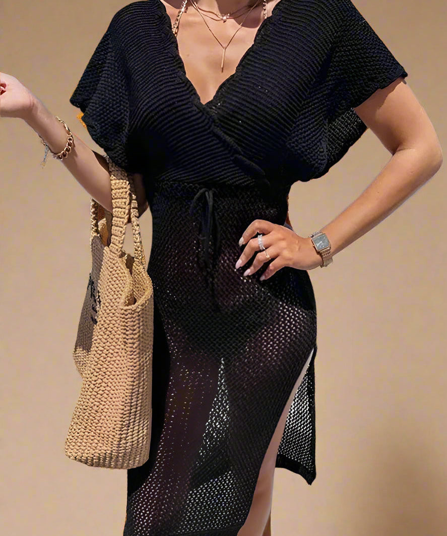 Women's Summer Maxi Dress - Openwork Beach Dress with Wrap Neckline in White 0