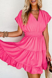 V-neck smock dress with pleated sleeves and ruffles