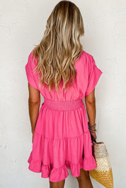 V-neck smock dress with pleated sleeves and ruffles